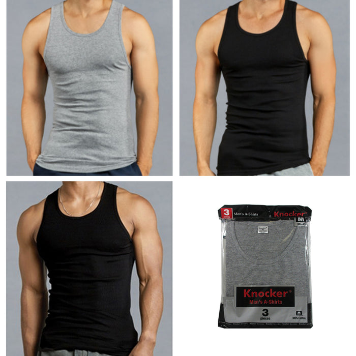 3 Pc Mens Tank Tops 100% Cotton A-Shirt Ribbed Pack Undershirt Black Gray
