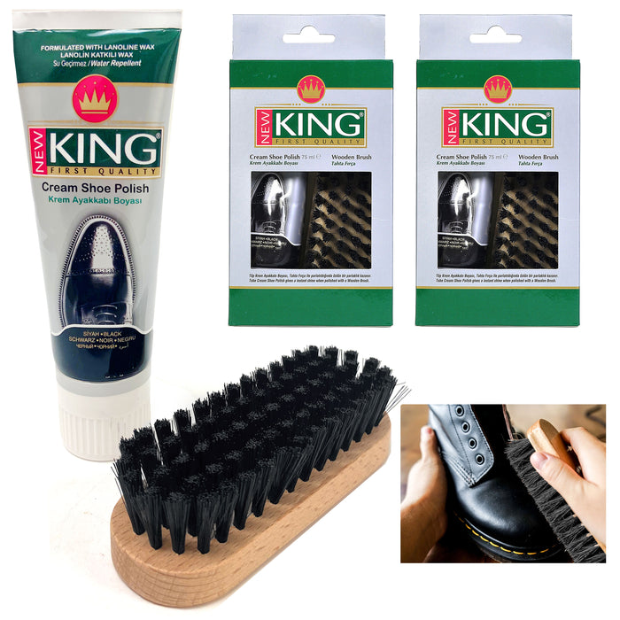 2 Sets Shoe Boot Polish Shine Wooden Brush Kit Leather Cream 75mL Finish Black