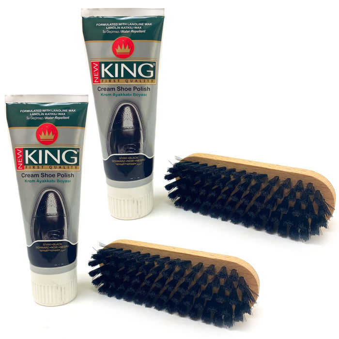 2 Sets Shoe Boot Polish Shine Wooden Brush Kit Leather Cream 75mL Finish Black