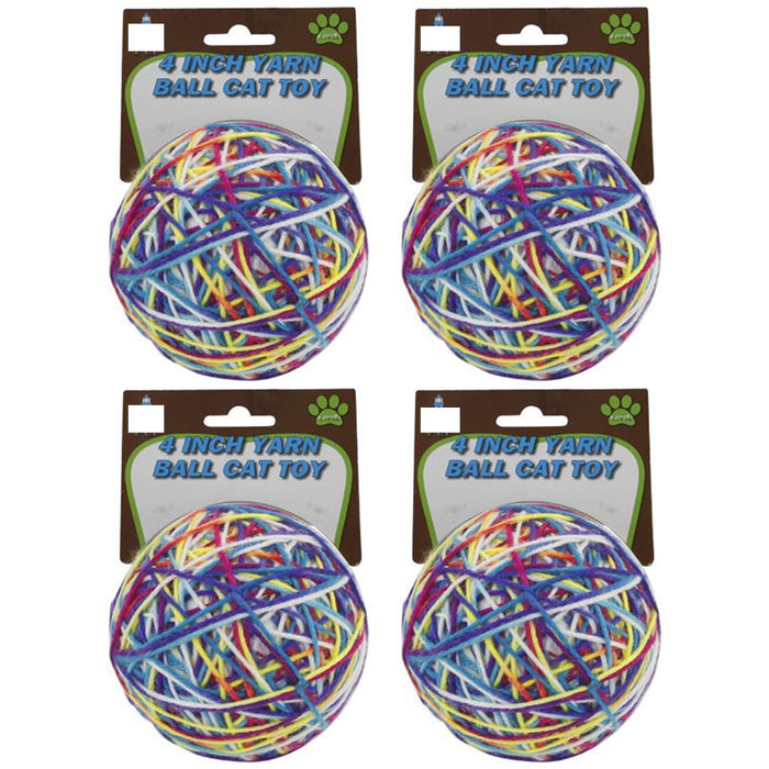 4 Pc Yarn Ball Bells Cat Toys Kitten Puppy Chase Round Play Rattle Colorful 4"