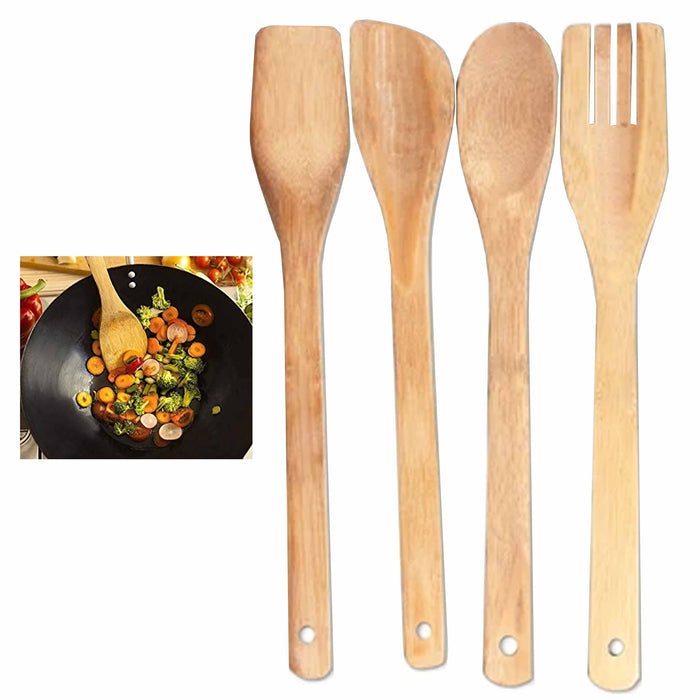 4 Pc Bamboo Cooking Utensil Spoon Spatula Wooden Set Kitchen Mix Non-Stick Tools
