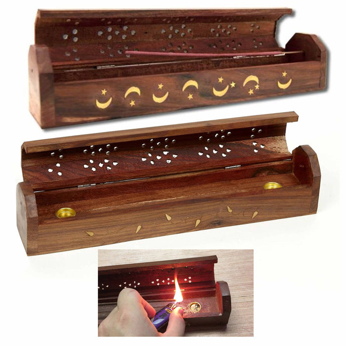 1 Pc Wood Incense Burner Holder Box Ash Catcher Sticks 12" Design Burning Joss