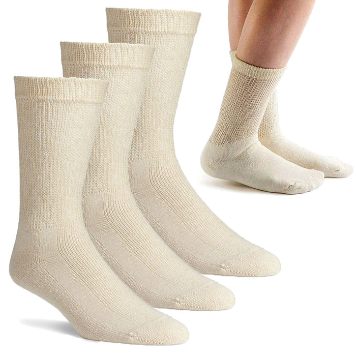 3 Pairs Diabetic Socks Seamless Crew Women Men Circulatory Non Binding 9-11 Tan