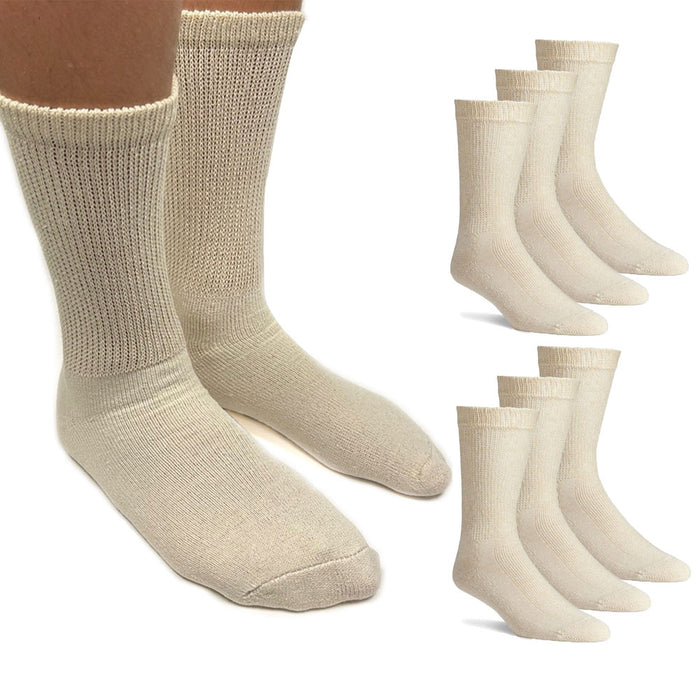 6 Pairs Diabetic Socks Men and Women Loose Fit Non-Binding Cotton Crew Tan 9-11