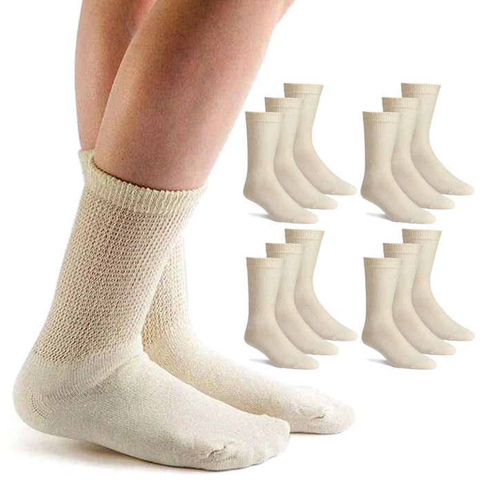 12 Pairs Women and Men Diabetic Circulatory Socks Non-Binding Support Tan 9-11