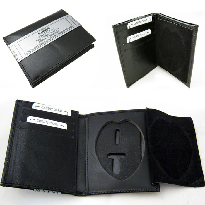Law Enforcement Wallet Black Genuine Leather Tri-Fold Badge Holder Hidden Police