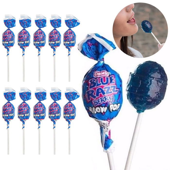 10 Pc Charms Blow Pops Blue Razz Berry Lollipops Raspberry Sucker Stick Candy