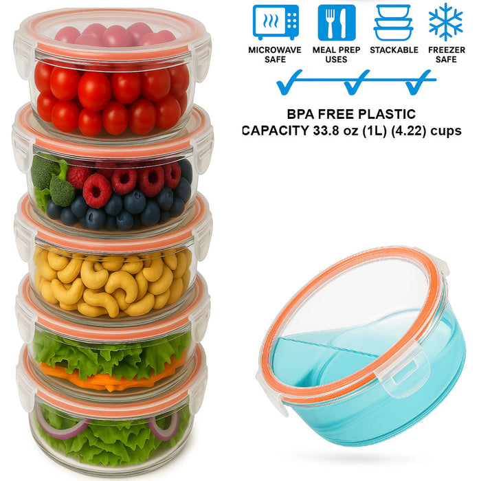10 Pk Plastic Meal Prep Round Containers Airtight Lid BPA Free Food Storage Set