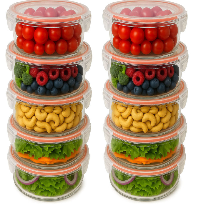 10 Pk Plastic Meal Prep Round Containers Airtight Lid BPA Free Food Storage Set