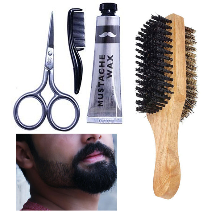 4 Pc Men Hair Beard Taming Kit Mustache Comb Boar Brush Barber Groom Growth Wax