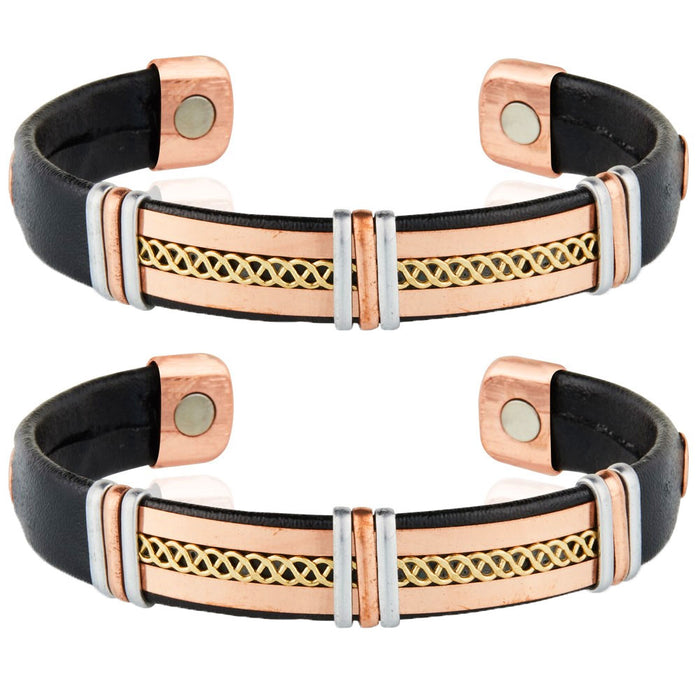 2 Men Women Leather Cuff Solid Copper Brass Nickel Magnetic Bracelet Pain Relief