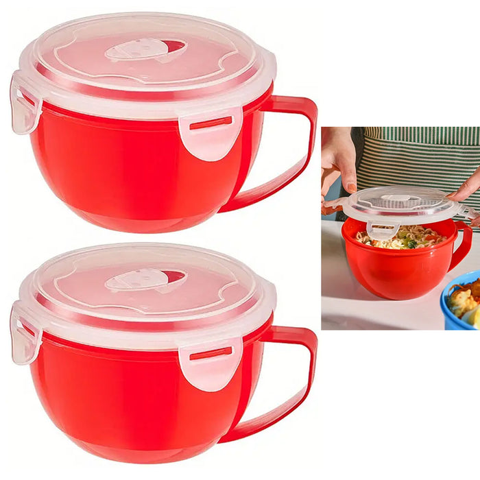 2 Plastic Soup Bowls Microwaveable Food Lunch Container Mug Vent Lid Handle 32oz