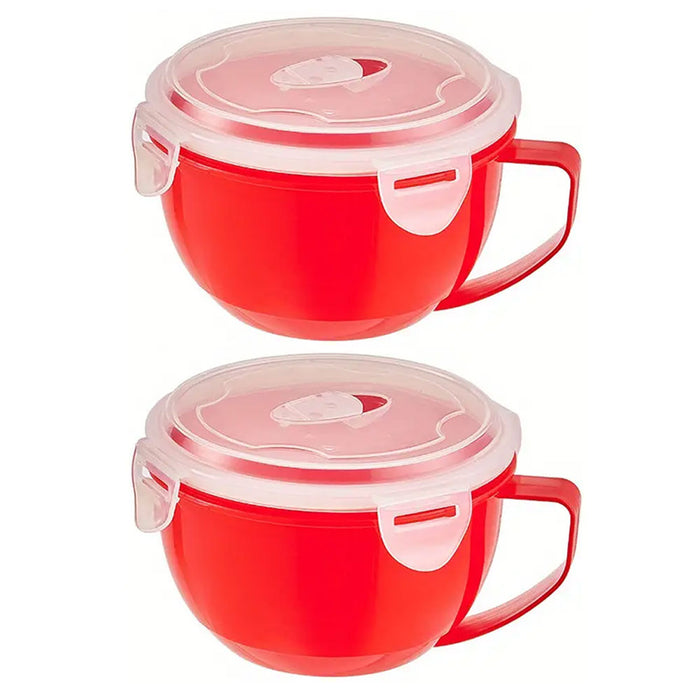 2 Plastic Soup Bowls Microwaveable Food Lunch Container Mug Vent Lid Handle 32oz
