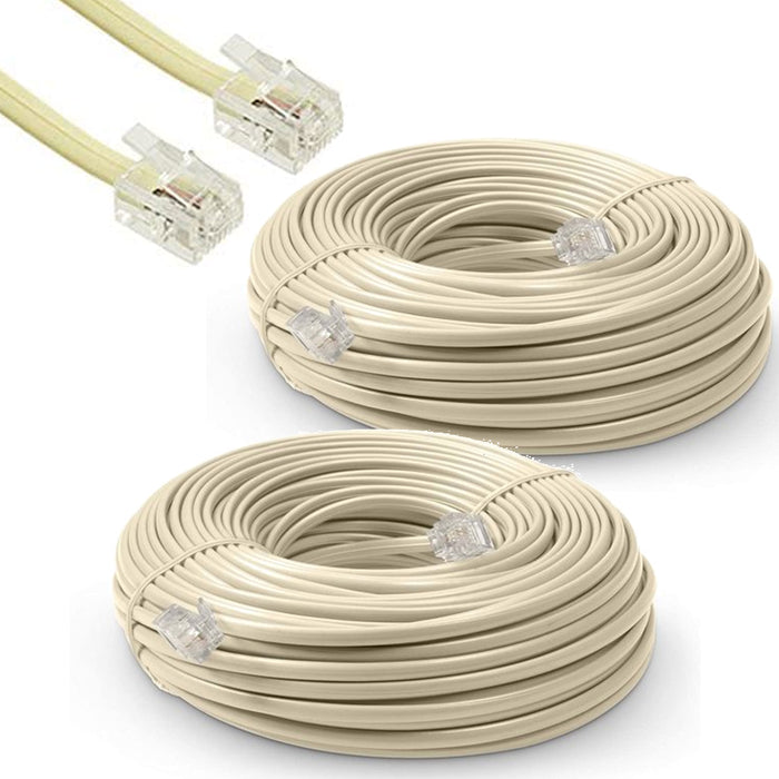 2x Telephone Extension Cord 38 FT Phone Cable Ivory Line Modular RJ11 RJ-11 Plug