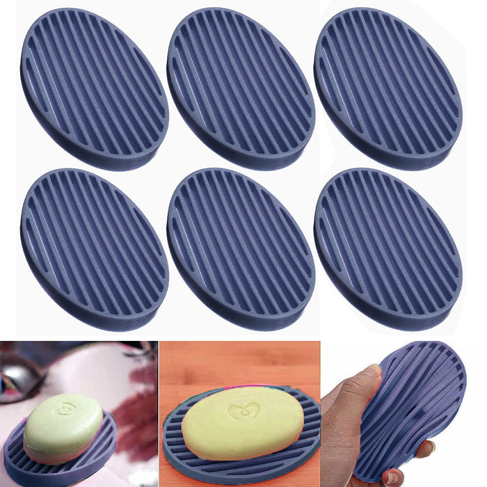 6 Pc Silicone Bar Soap Saver Dish Blue Tray Draining Holder Rack Bathroom Shower