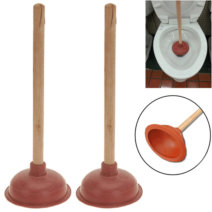 2 Pk Rubber Toilet Plunger Wood Handle Clears Drain Plumbing Bathroom Heavy Duty