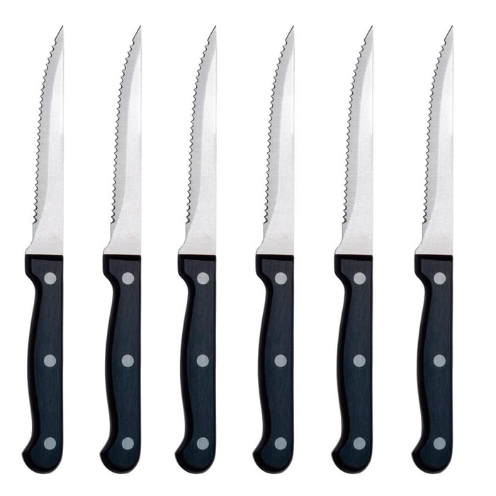 6 Piece Serrated Steak Knife Set Black 8.5" Triple Rivet Spear Point Sharp Chef