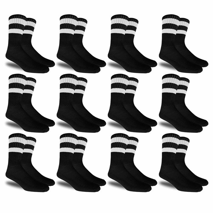 12 Pairs Men's Cotton Sports Socks Stripes Athletic Cushion Crew Black One Size