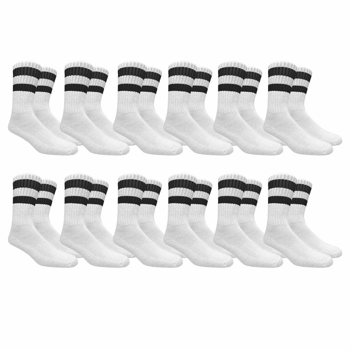 12 Pairs Lot Men's Athletic Cushioned Socks Crew Stripe Tube Calf White One Size