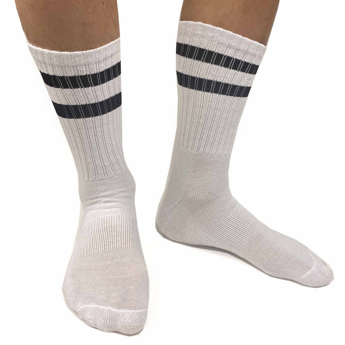 6 Pairs Men's Sports Socks Crew Stripe Tube Calf White Athletic Cushion One Size