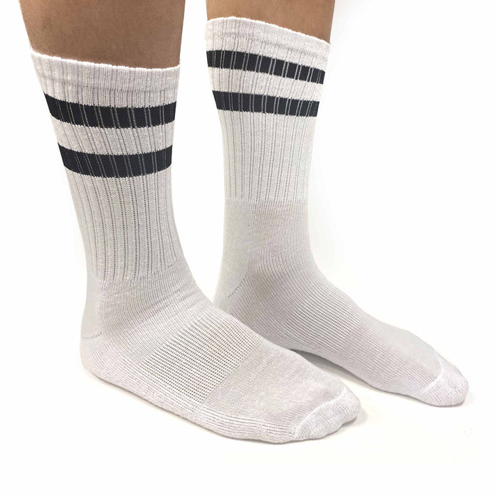 3 Pairs Men Stripe Tube Crew Socks Calf Retro Sport Athletic White One Size 17"L