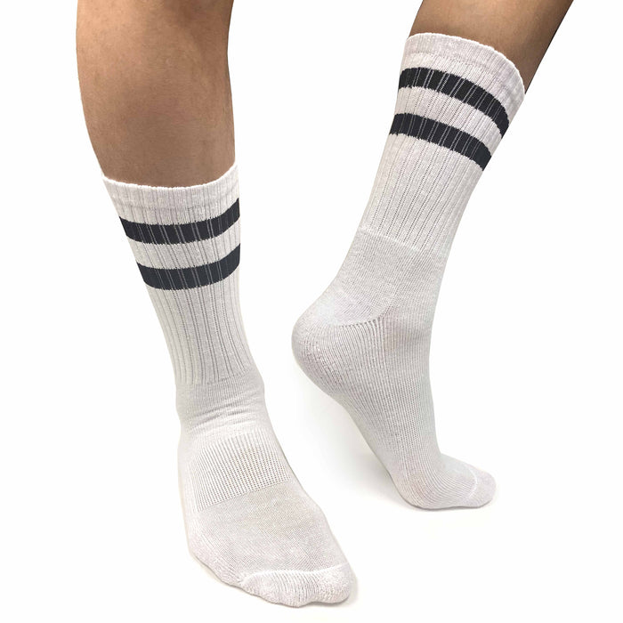 3 Pairs Men Stripe Tube Crew Socks Calf Retro Sport Athletic White One Size 17"L