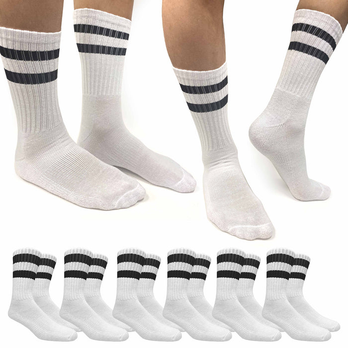 6 Pairs Men's Sports Socks Crew Stripe Tube Calf White Athletic Cushion One Size
