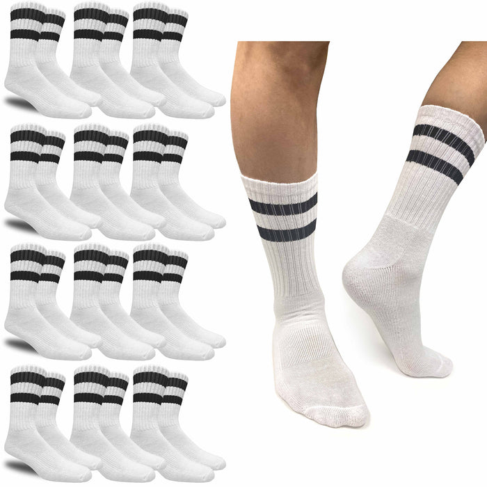 12 Pairs Lot Men's Athletic Cushioned Socks Crew Stripe Tube Calf White One Size