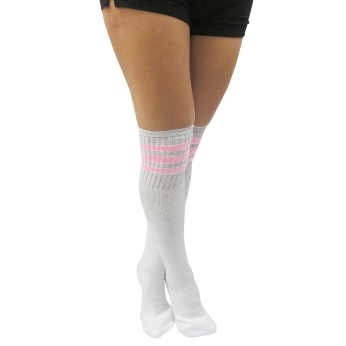 4 Pairs Knee High Tube Socks 3 Stripe Old School 24 Soccer Sport 10-15 Pink