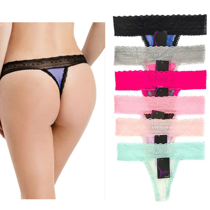 6 Lace Thong Mesh Waist Underwear Floral Panties V String Flower Panty Spandex L