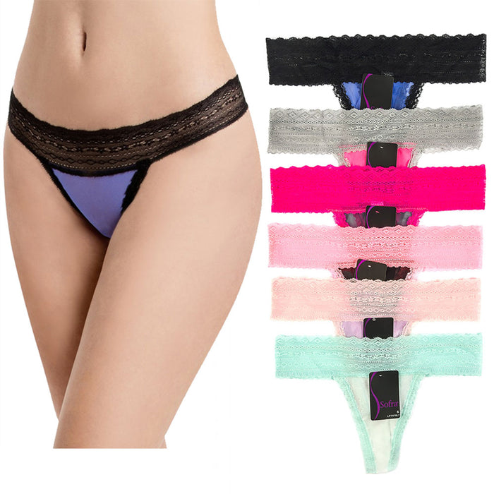 6 Lace Thong Mesh Waist Underwear Floral Panties V String Flower Panty Spandex L