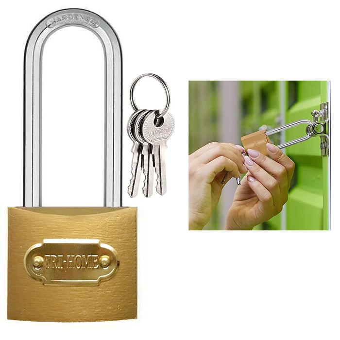 1 Pk Padlock Security Long Shackle Gold Metal Heavy Duty 1.5" Brass 3 Keys 40mm