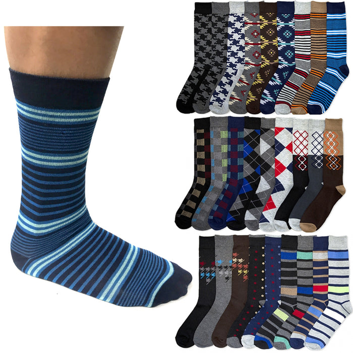 4 Pairs Mens Dress Socks Men Fashion Print Crew Design Argyle Stripe 10-13 Asst