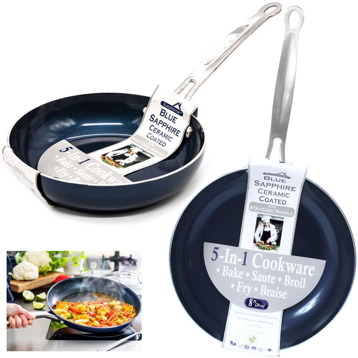 2 X Non Stick Frying Pans Blue Sapphire Ceramic Coated 8'' Frypan Eco Friendly