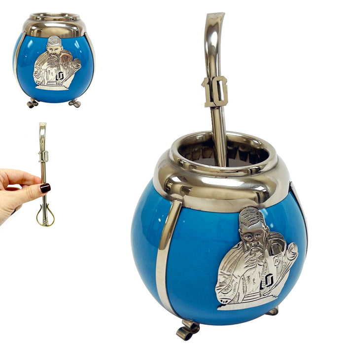 Blue Ceramic Mate Gourd Argentina Alpaca Bombilla Drink Straw Messi World Cup