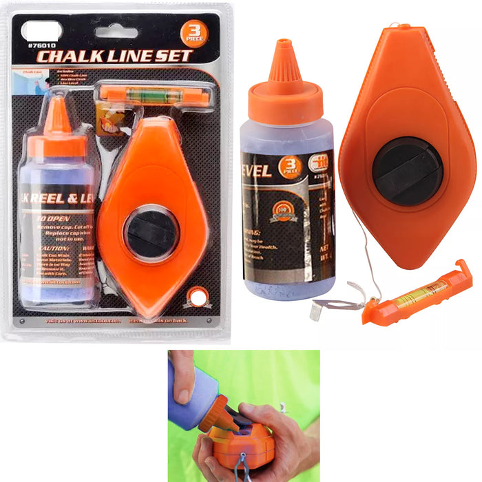 3 Pc Chalk Reel Line Level Set 50Ft Measure Blue 4oz Bottle Construction Tool