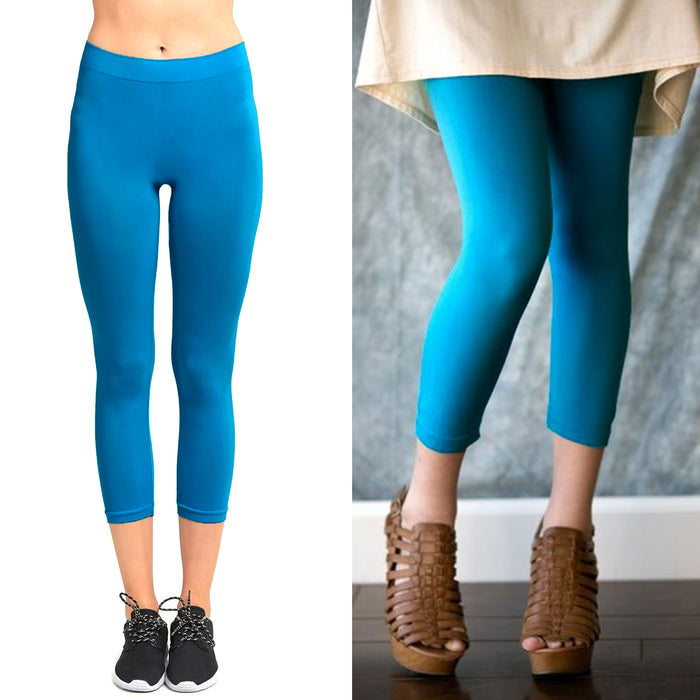 2 Pc Turquoise Seamless Capri Legging Spandex Stretch Workout Tight Hot Yoga Gym