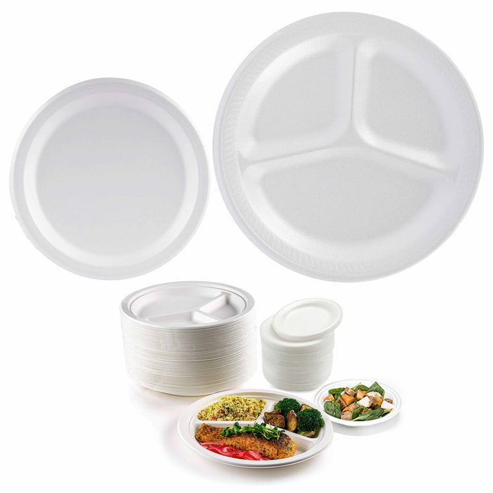 22 White Foam 3 Compartment Plate 8 7/8" & 25pc Round Foam Plate 6" Party Picnic