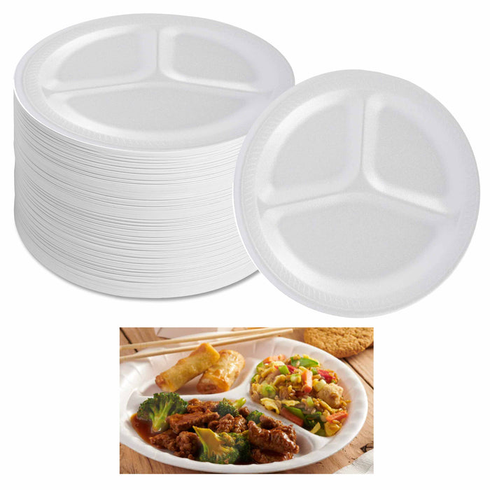 110 Foam White Plates 8 7/8in 3 Compartment Resistant Durable Disposable Picnic