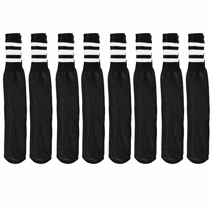8 Pairs Black Tube Socks White Striped 24" Long Old School Cotton Athletic 10-15