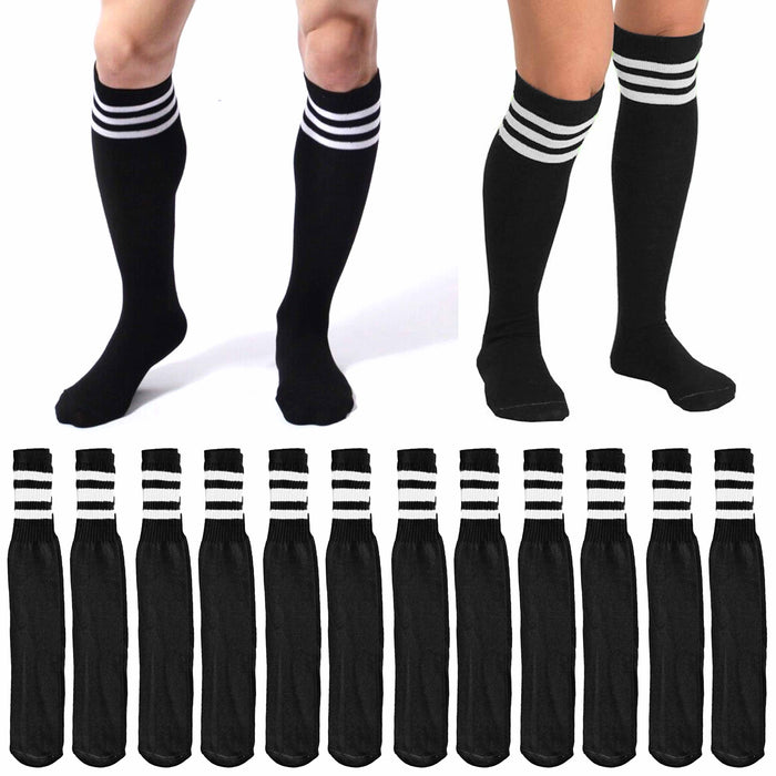 12 Pairs Black Athletic Knee High Tube Socks 3 White Stripes Classic 24" 10-15