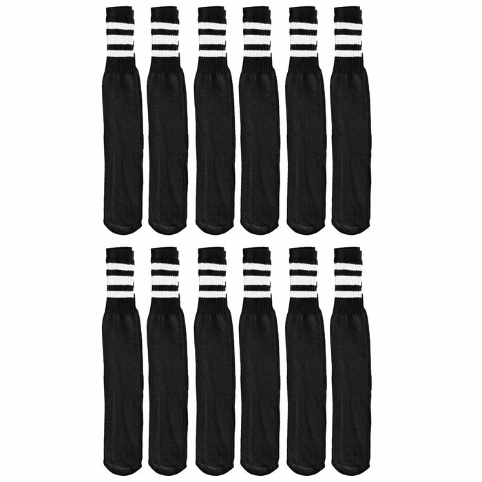 12 Pairs Black Athletic Knee High Tube Socks 3 White Stripes Classic 24" 10-15