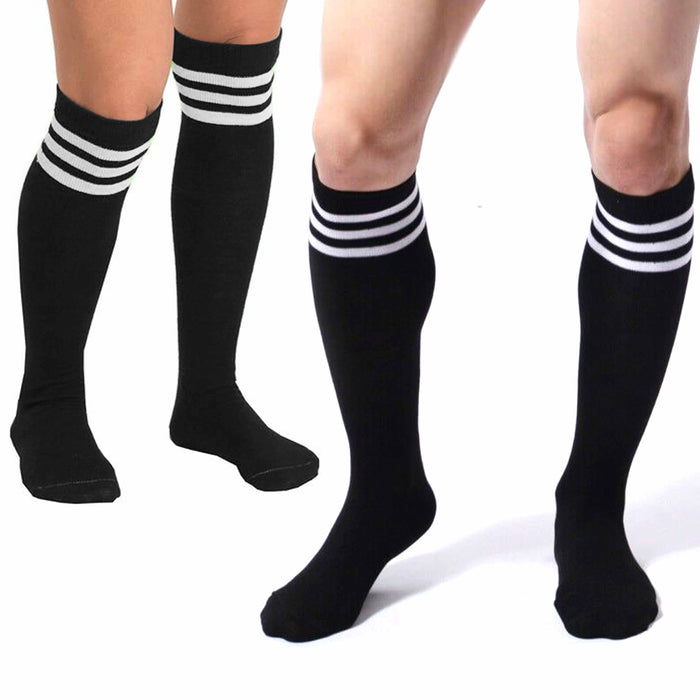 4 Pair Black Knee High Tube Socks 3 White Stripes Classic 24" Soccer Sport 10-15