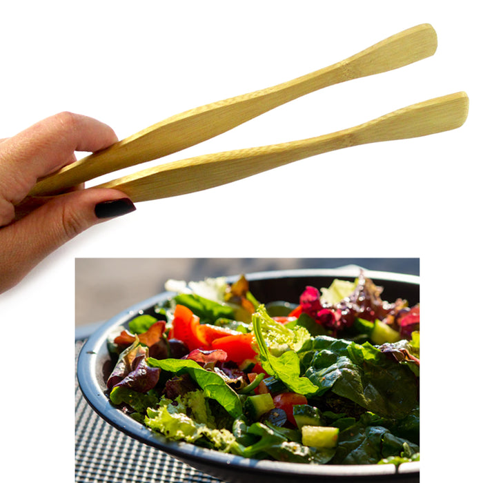 2PC Bamboo Kitchen Utensil Set Cooking Serving Tool Wooden Salad Tongs Spoon Kit