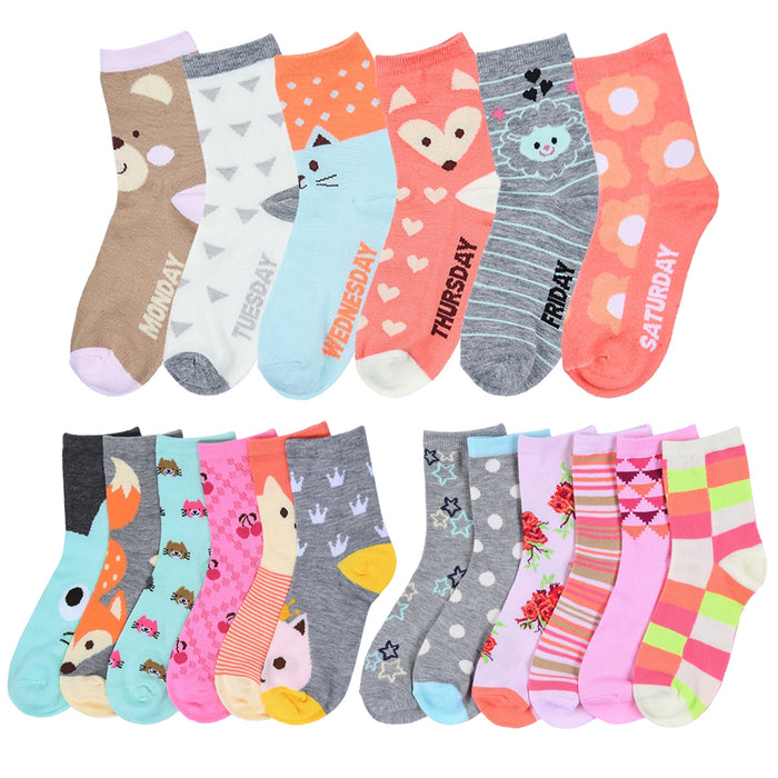 12 Pairs Girls Crew Socks Toddler Kids Designs Size 4-6 Mixed Assorted Fashion !