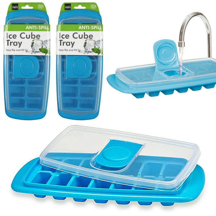 2 Ice Cube Tray Flip Cover No-Spill Reusable Freezer Mold Maker BPA Free Kitchen