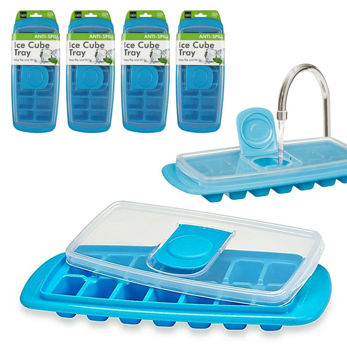 4 Ice Cube Tray Flip Cover No-Spill Reusable Freezer Mold Maker BPA Free Kitchen