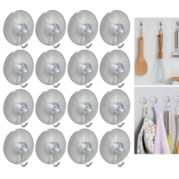 16 Pc Suction Cups Hooks Metal Hanger Plastic Clear Wall Bathroom Kitchen 1.5" D