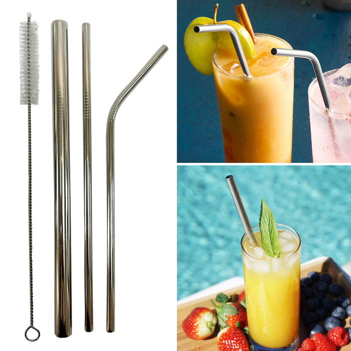 4 Pc Stainless Steel Reusable Metal Straw Set Drinking Assorted Cleaning Brush