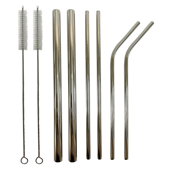 8 pc Stainless Steel Metal Reusable Cocktail Drinking Straws Cleaner Brush Set